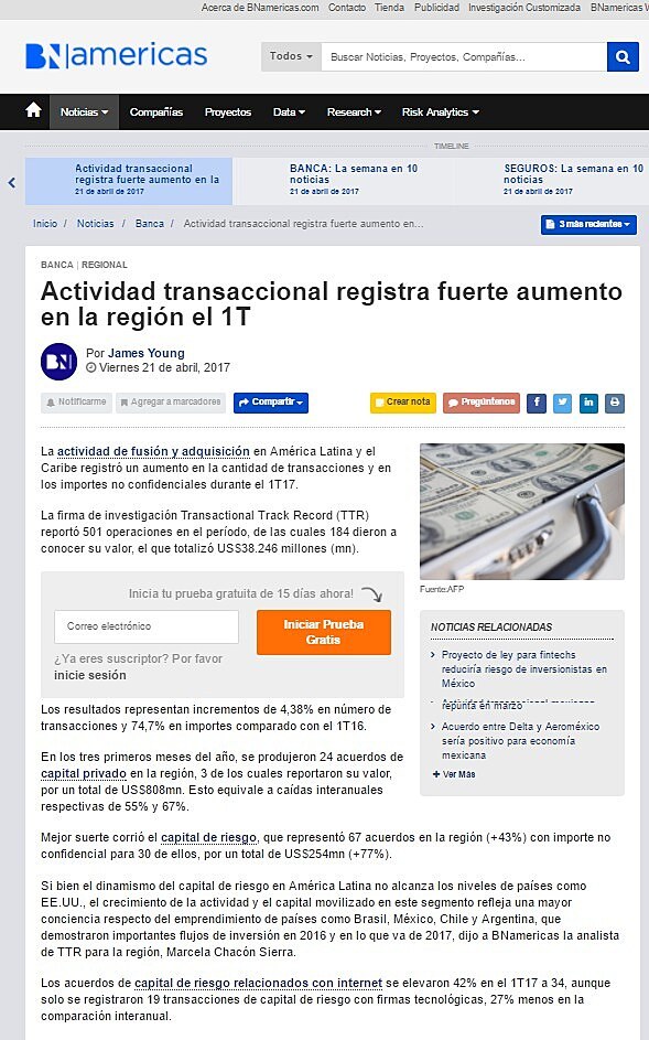 Actividad transaccional registra fuerte aumento en la regin el 1T